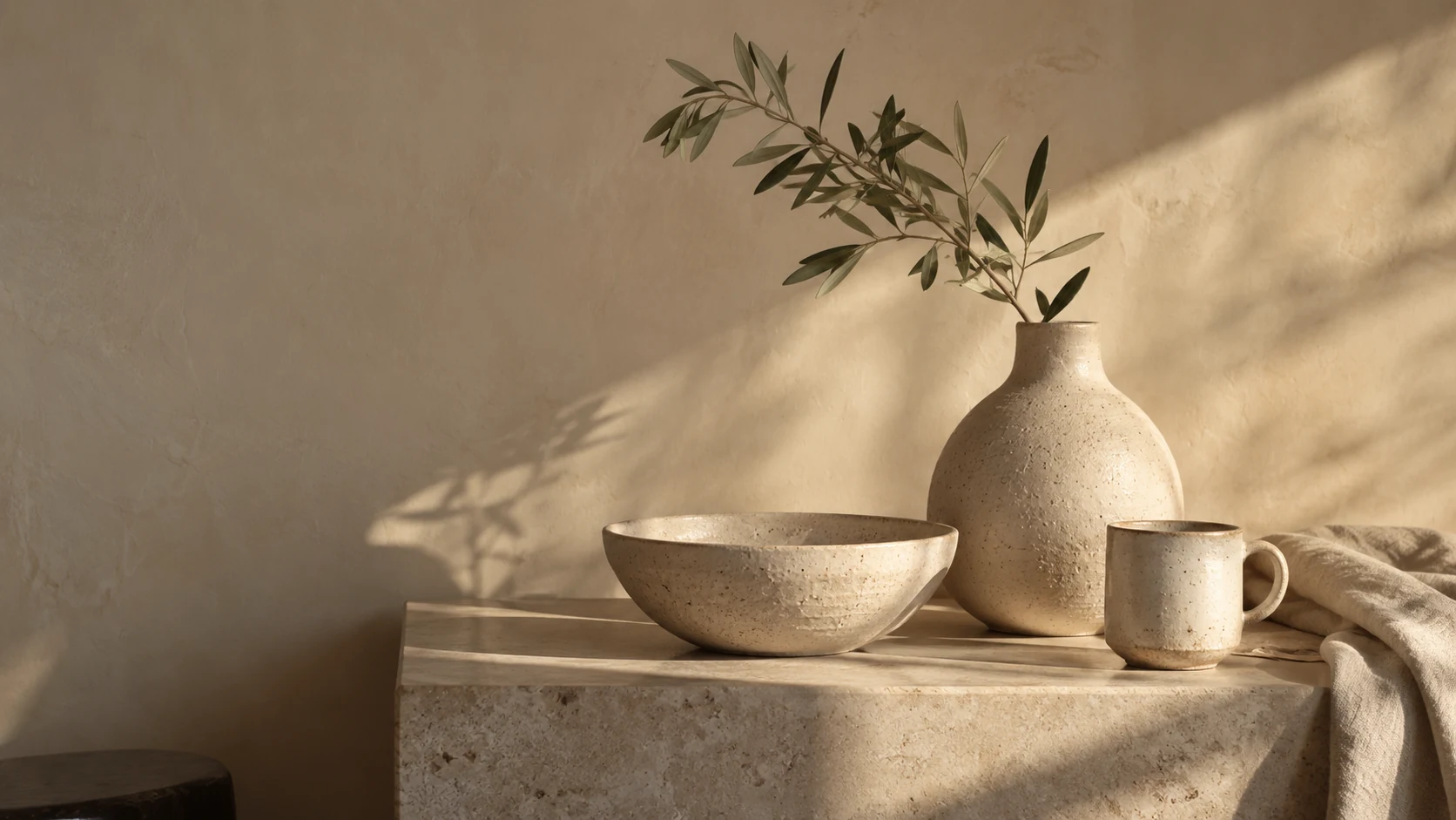 Handcrafted ivory ceramics in warm afternoon light