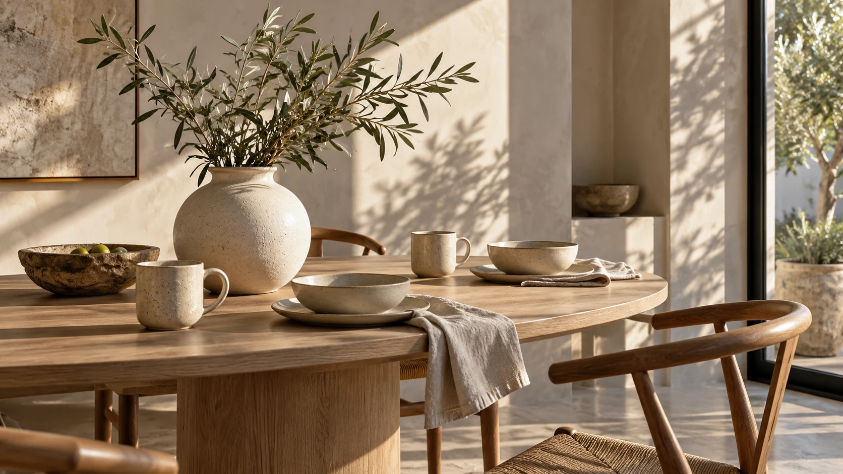 SIMM ceramics on a light oak table in a contemporary sunlit interior