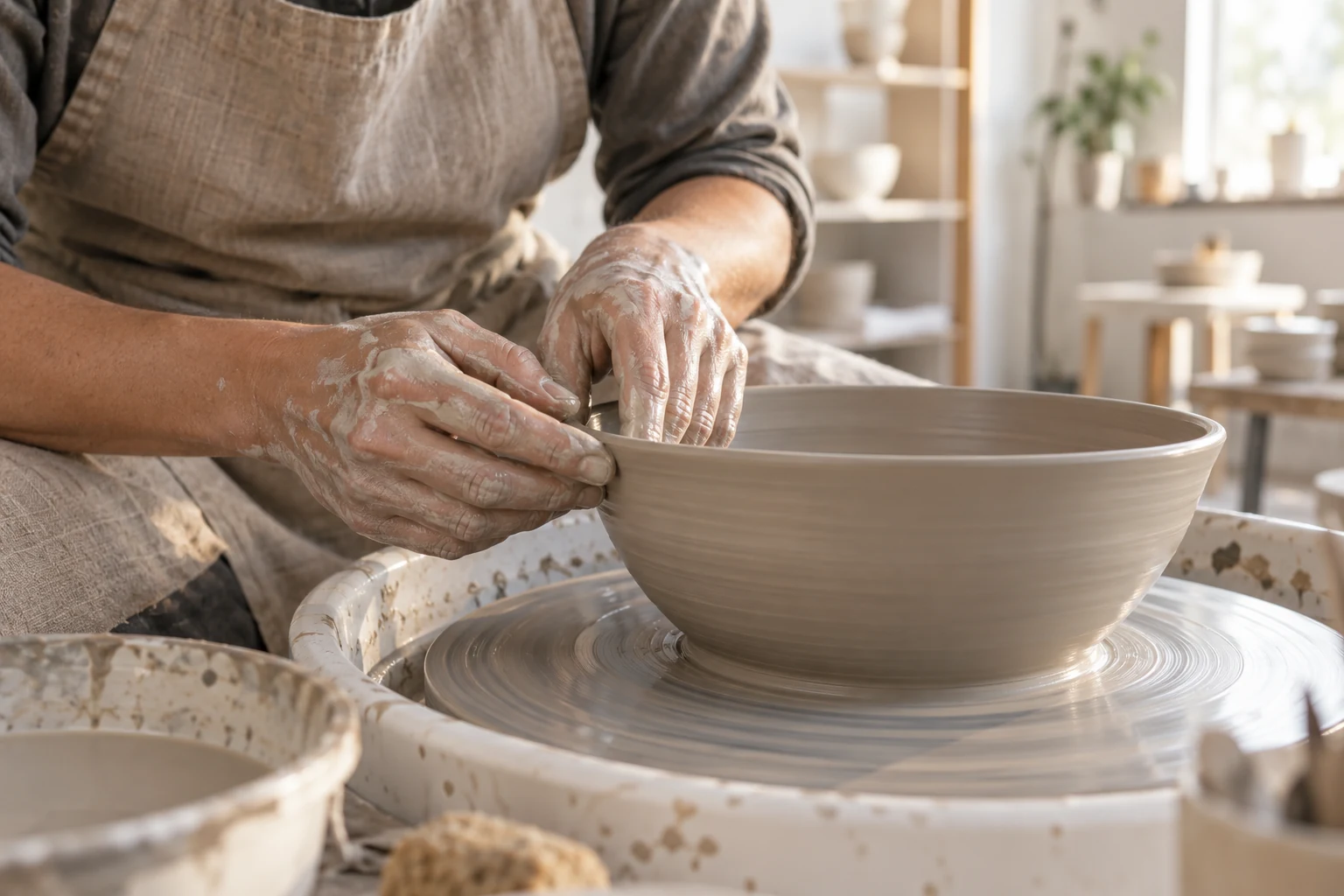 Hands shaping a clay bowl on the pottery wheel